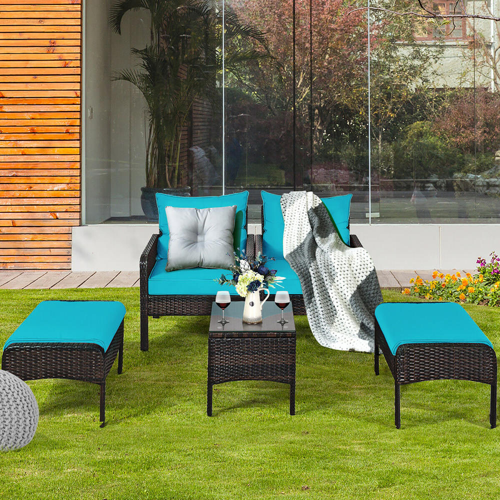 Costway 5 PCS Patio Rattan Furniture Set Sofa Ottoman Table Cushioned Turquoise
