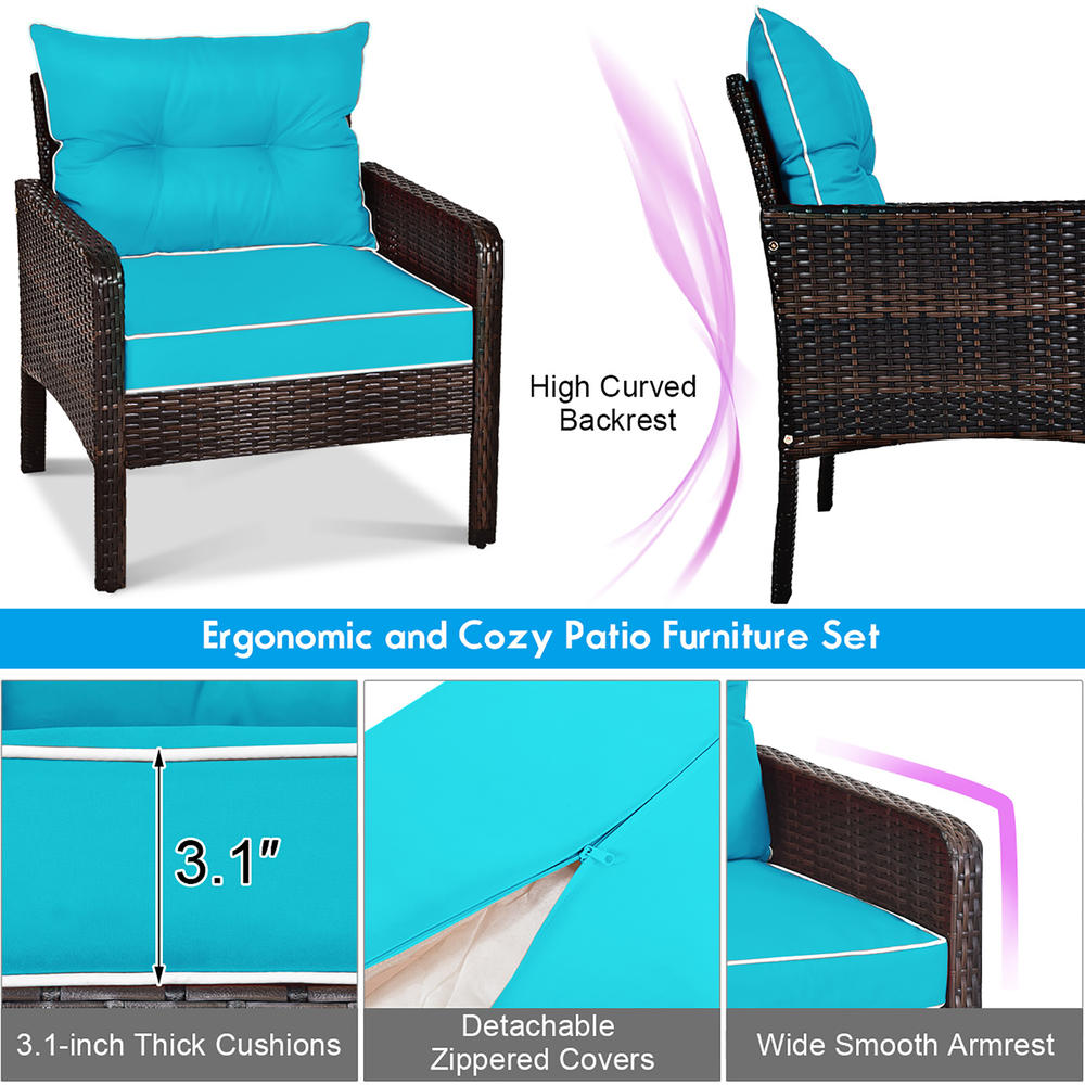 Costway 5 PCS Patio Rattan Furniture Set Sofa Ottoman Table Cushioned Turquoise