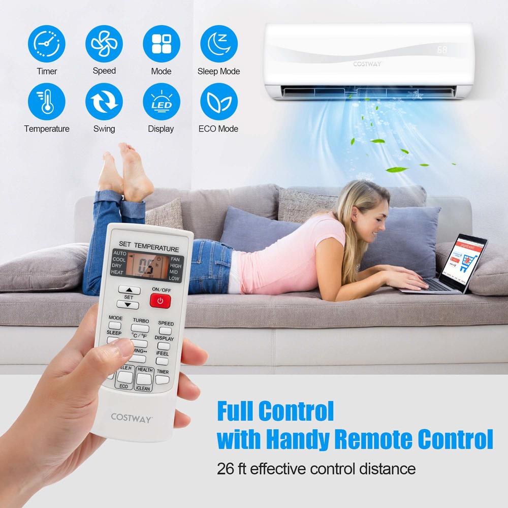 Costway 9000 BTU Split Air Conditioner & Heater Wall Mount AC Unit with Remote Control