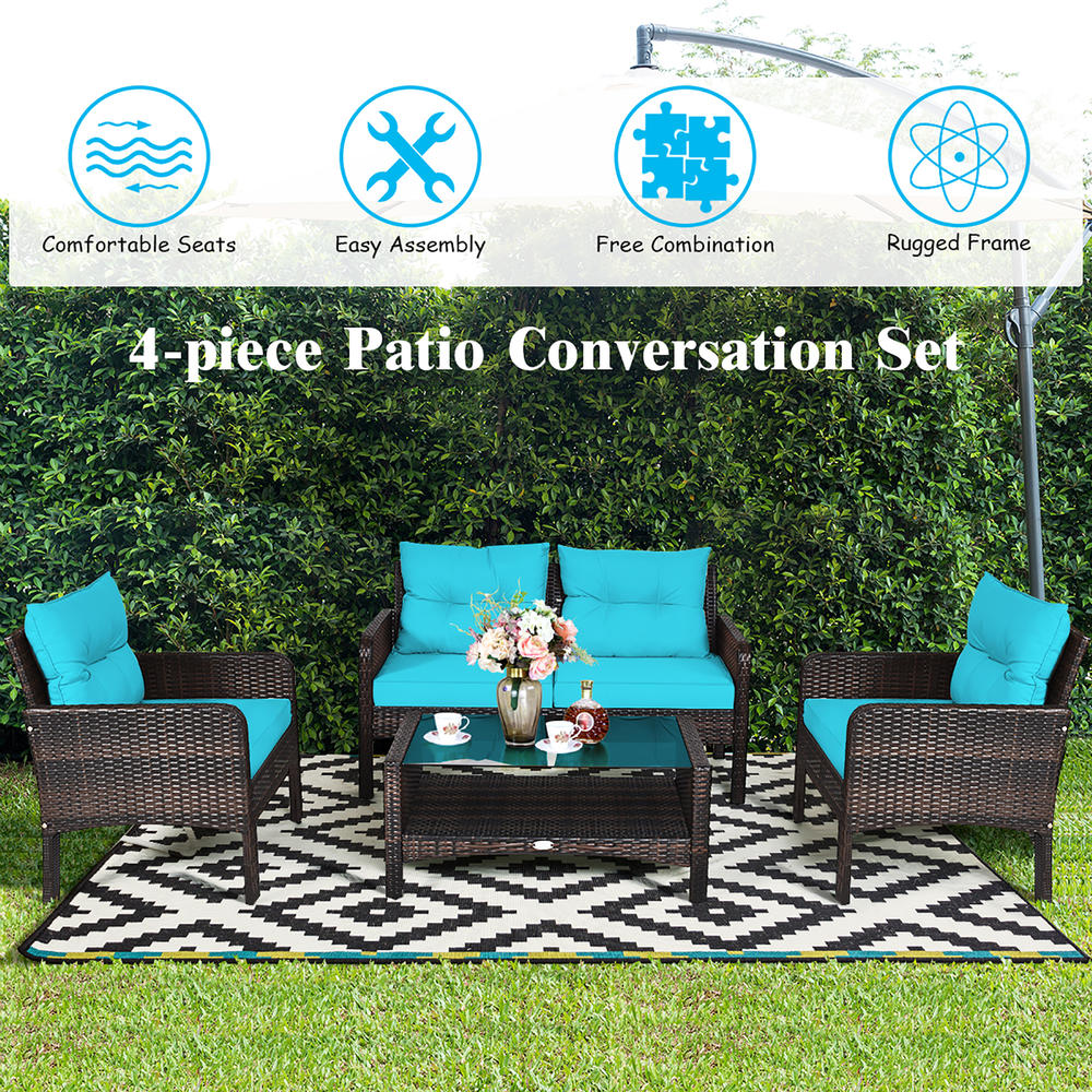 Costway 4PCS Patio Rattan Furniture Set Loveseat Sofa Coffee Table W/Turquoise Cushion
