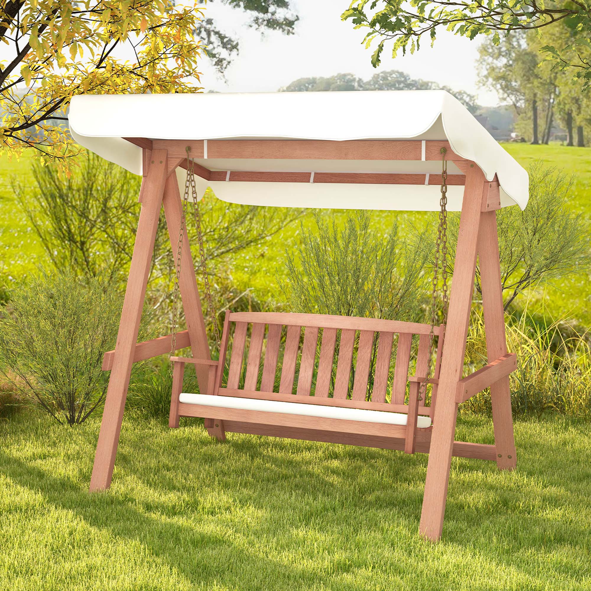 Costway Wood Porch Swing with Canopy Outdoor Patio 2-Seat Swing Bench with Cushions Backyard