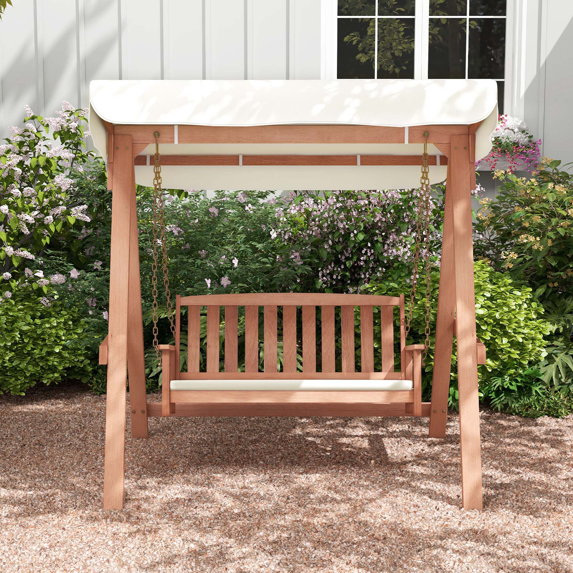 Costway Wood Porch Swing with Canopy Outdoor Patio 2-Seat Swing Bench with Cushions Backyard