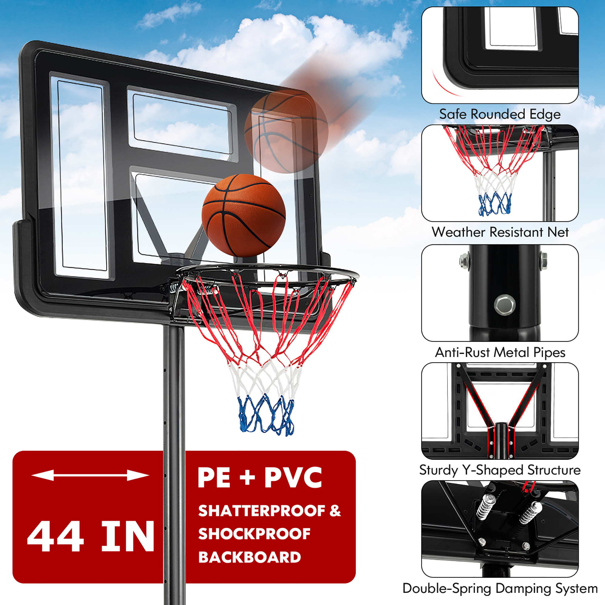 Costway 4.25-10FT Portable Adjustable Basketball Hoop System with 44'' Backboard 2 Nets