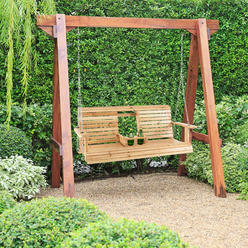 Costway 2-seat Wood Swing Bench with Folding Cup Holder and Sturdy Metal Hanging Chains