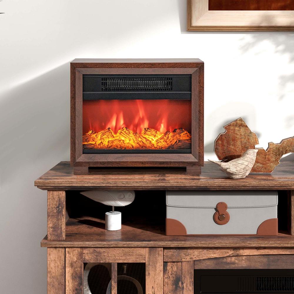 Costway Mini Desktop Electric Fireplace Heater Portable Wooden Fireplace with Vivid Flame Brown