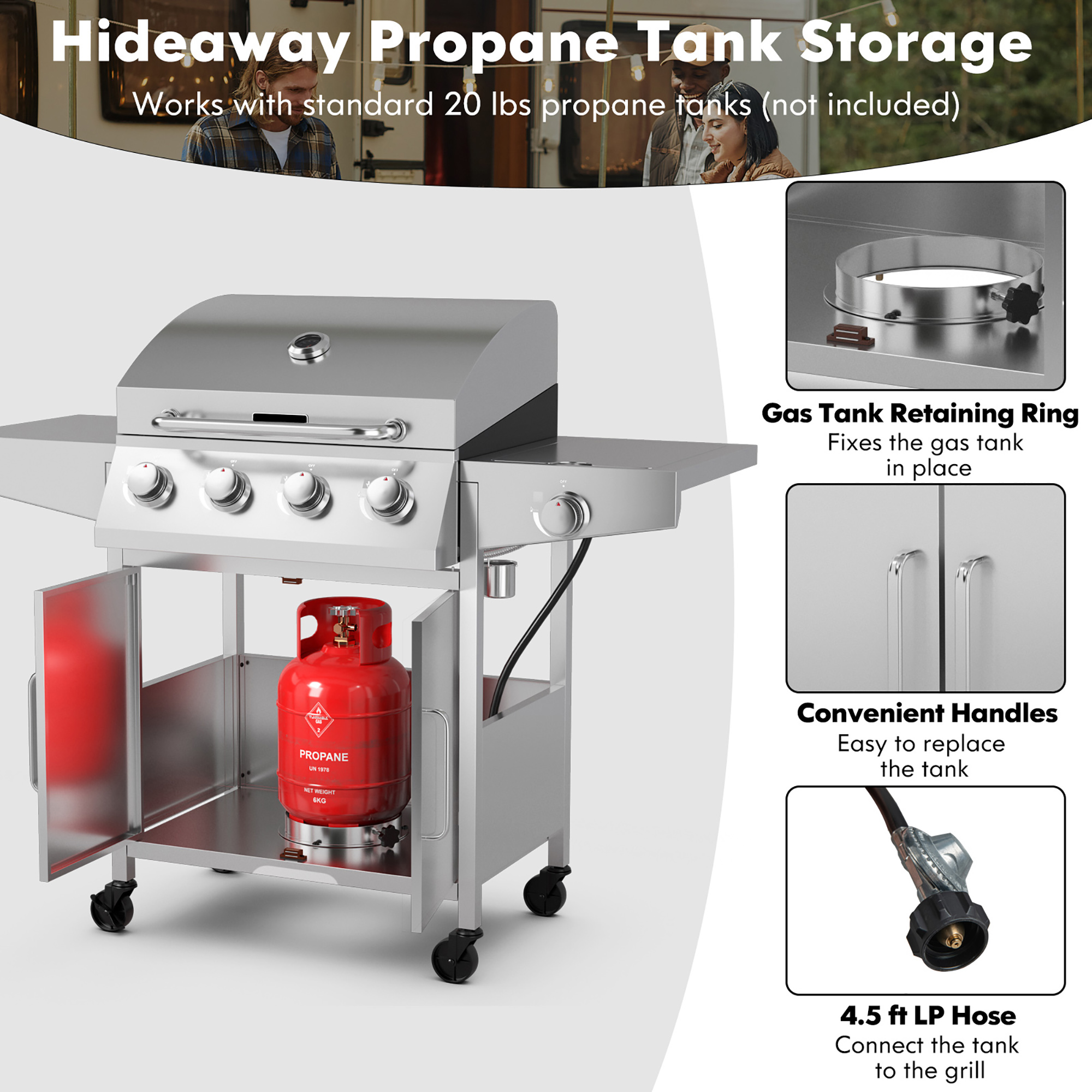Costway 5-Burner Propane Gas BBQ Grill withSide Burner,Thermometer,Prep Table 50000 BTU