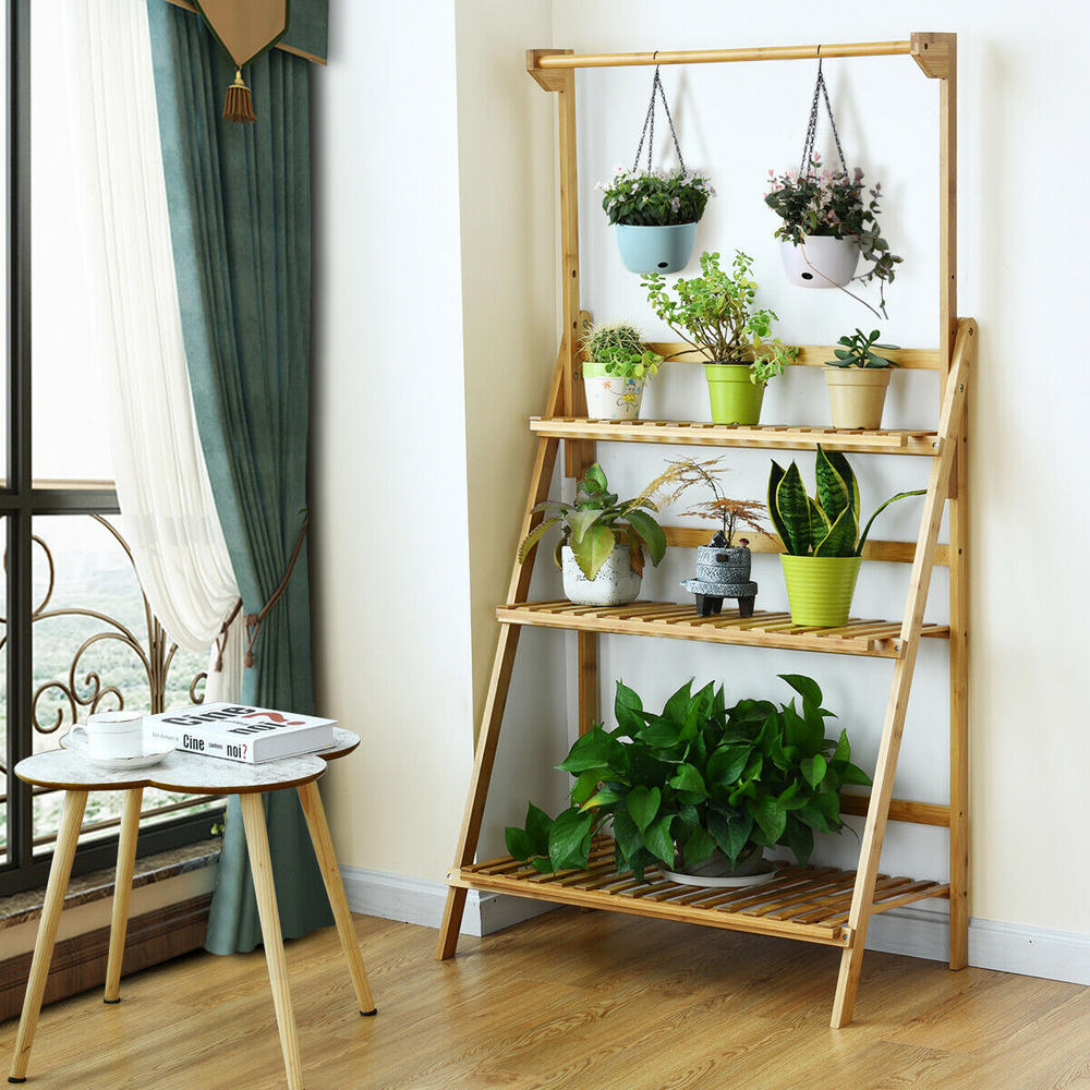 Costway 3 Tier Bamboo Hanging Folding Plant Shelf Stand Flower Pot Display Rack Bookcase