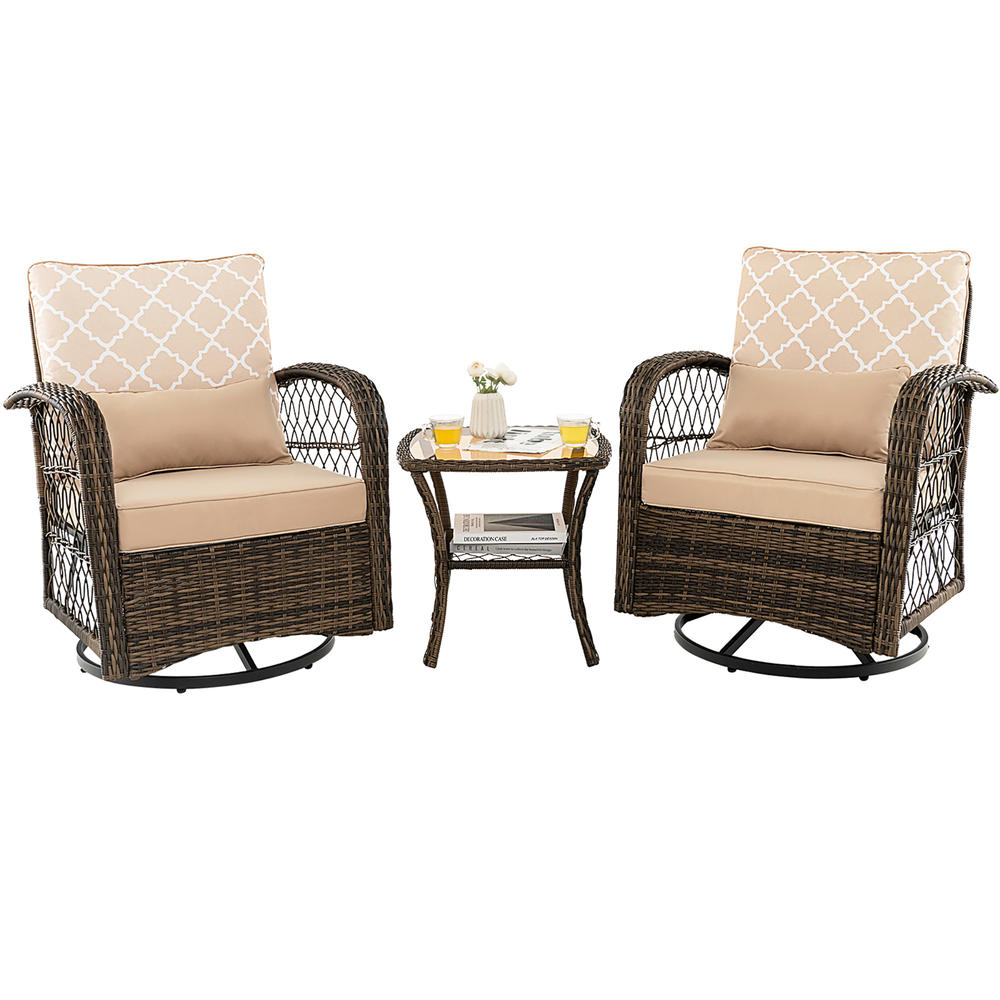 Costway Patio 3PCS Wicker Swivel Rocker Set 2 Rocking Chairs 360 Degrees with Coffee Table