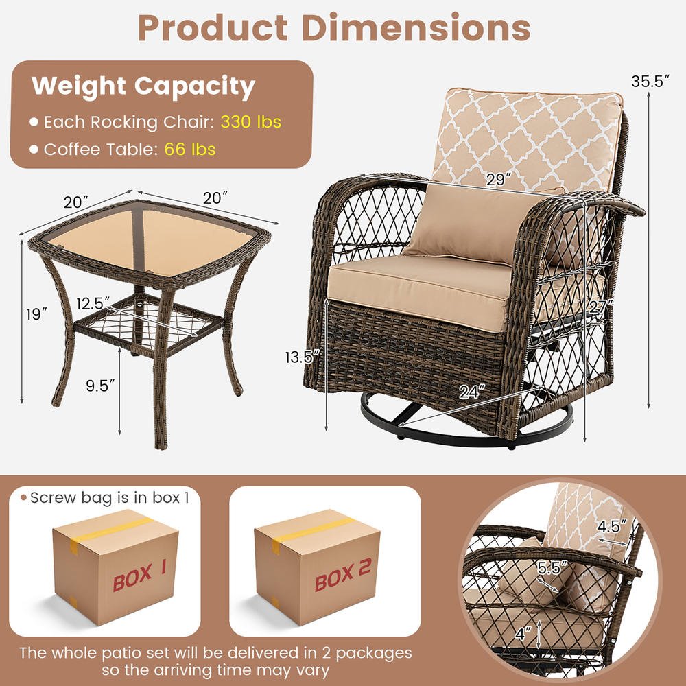 Costway Patio 3PCS Wicker Swivel Rocker Set 2 Rocking Chairs 360 Degrees with Coffee Table