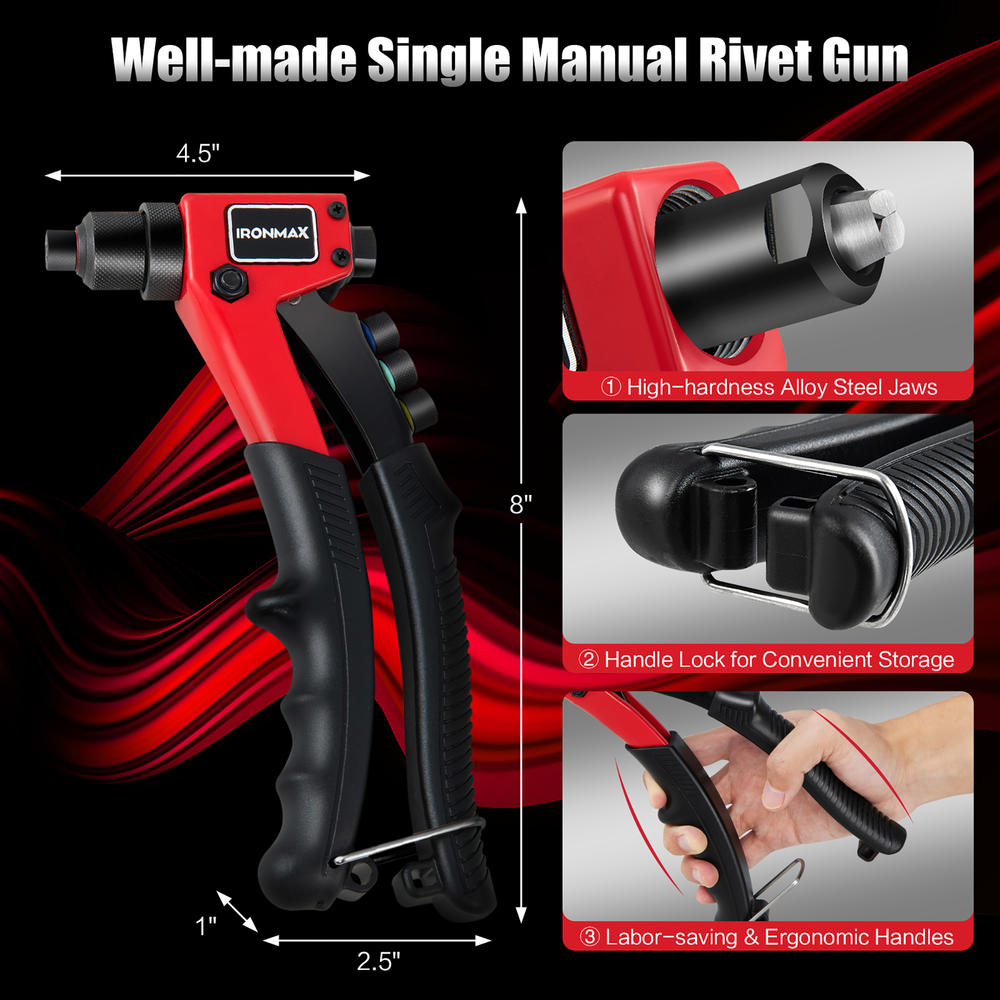 Costway IRONMAX Rivet Gun With 200 PCS Rivets Manual Rivet Gun Kit W/ 4 Tool-Free Interchangea