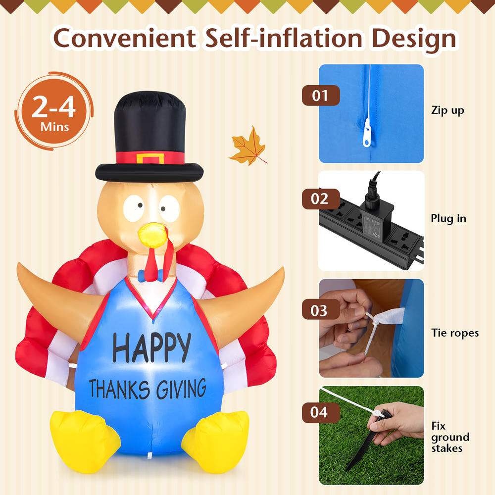 Costway 6 FT Thanksgiving Inflatable Turkey Harvest Day Decoration for Lawn w/Lights