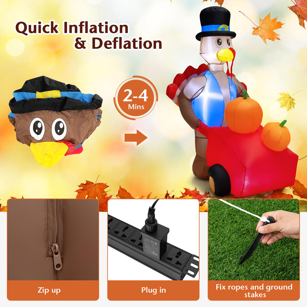 Costway 6 FT Thanksgiving Inflatable Turkey Pushing Pumpkin Cart Lighted Holiday Decor