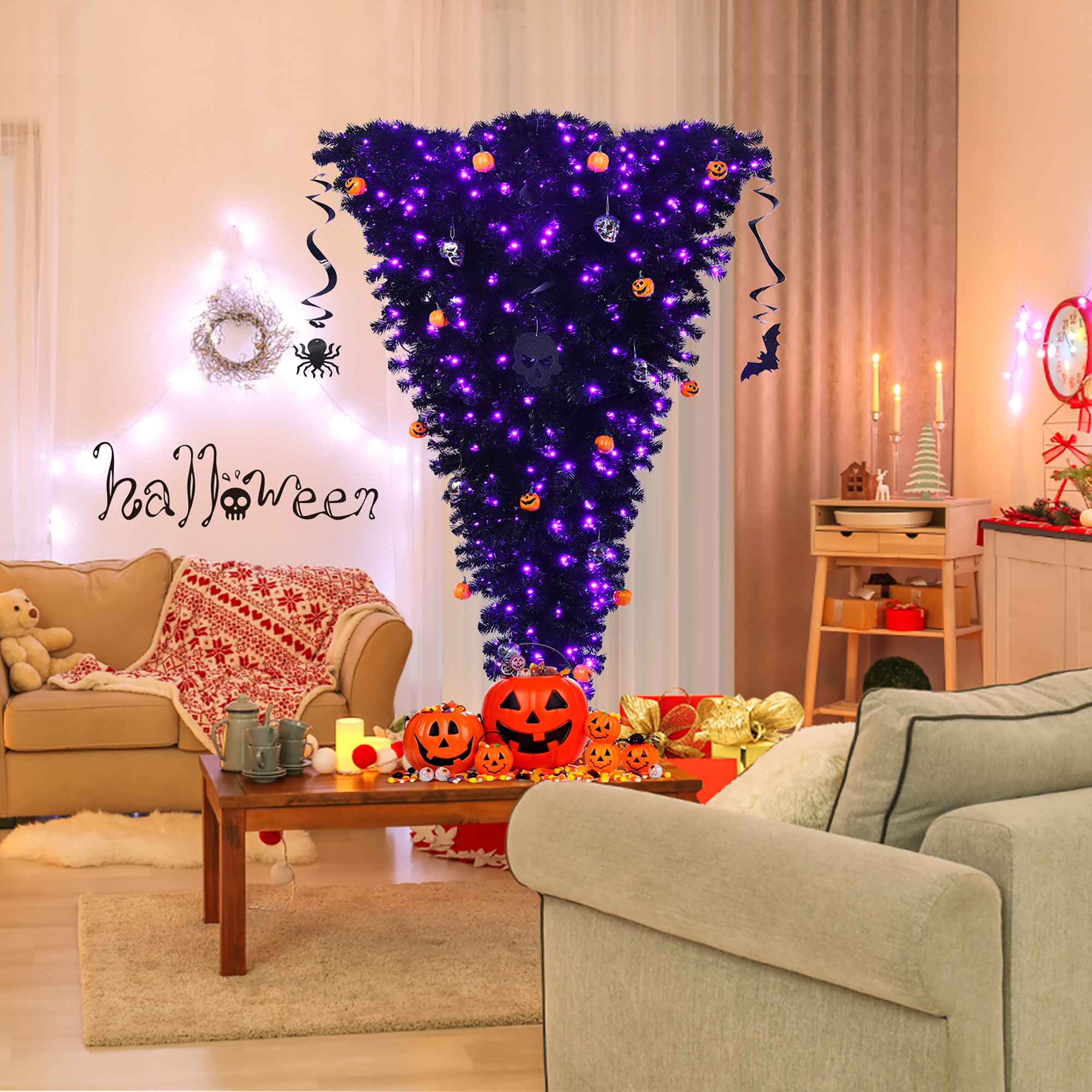 Costway 6ft Upside Down Christmas Halloween Tree Black w/270 Purple LED Lights