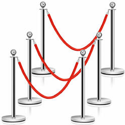 Costway 6Pcs Stanchion Posts Queue Pole Retractable 3 Velvet Ropes Crowd Control Barrier