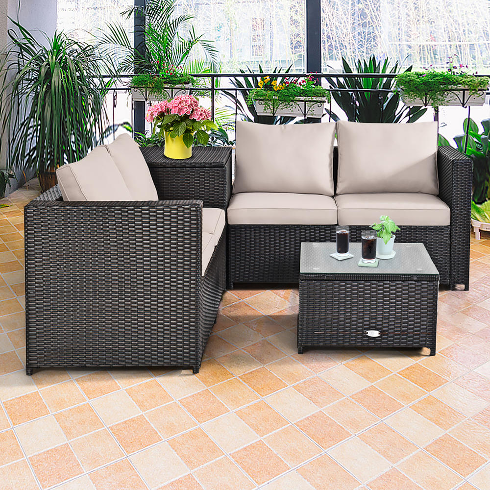 Costway 4PCS Outdoor Patio Rattan Furniture Set Cushioned Loveseat Storage Table