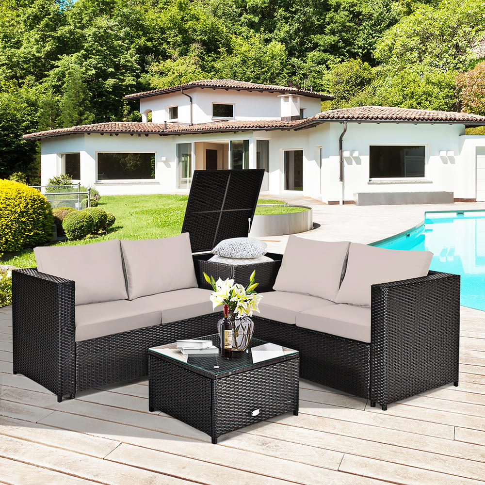 Costway 4PCS Outdoor Patio Rattan Furniture Set Cushioned Loveseat Storage Table