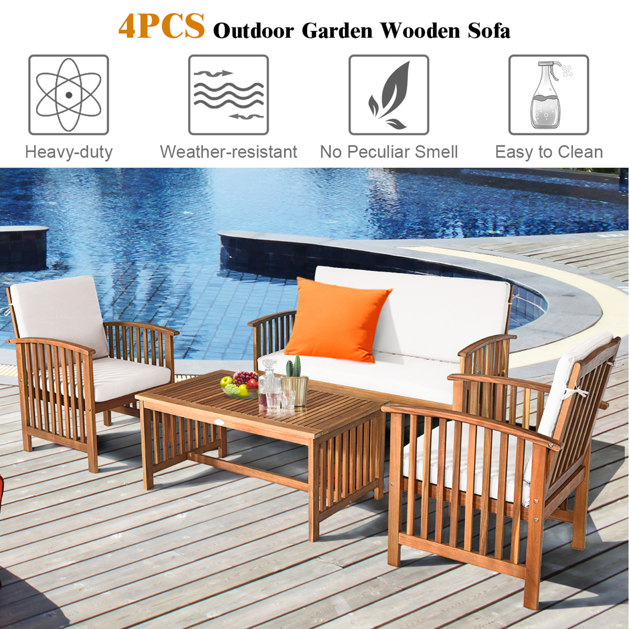 Costway 4PCS Patio Solid Wood Furniture Set Conversation Coffee Table W/White Cushion