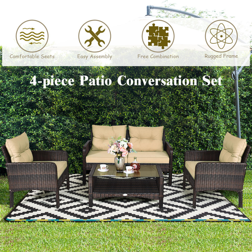 Costway 4PCS Patio Rattan Furniture Set Loveseat Sofa Coffee Table Garden W/ Cushion