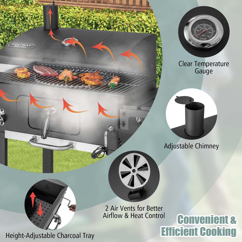Costway Outdoor Charcoal Grill 391 sq.in. Cooking Area 2 Foldable Side Table BBQ Camping