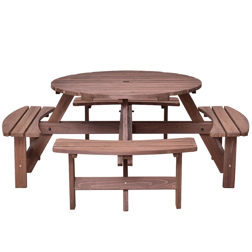 Costway Patio 8 Seat Wood PicnicTable Beer Dining Seat Bench Set Pub Garden Yard
