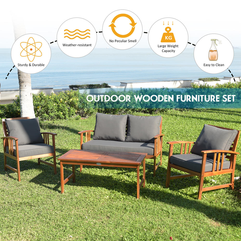 Costway 4PCS Wooden Patio Furniture Set Table Sofa Chair Cushioned Garden NEW