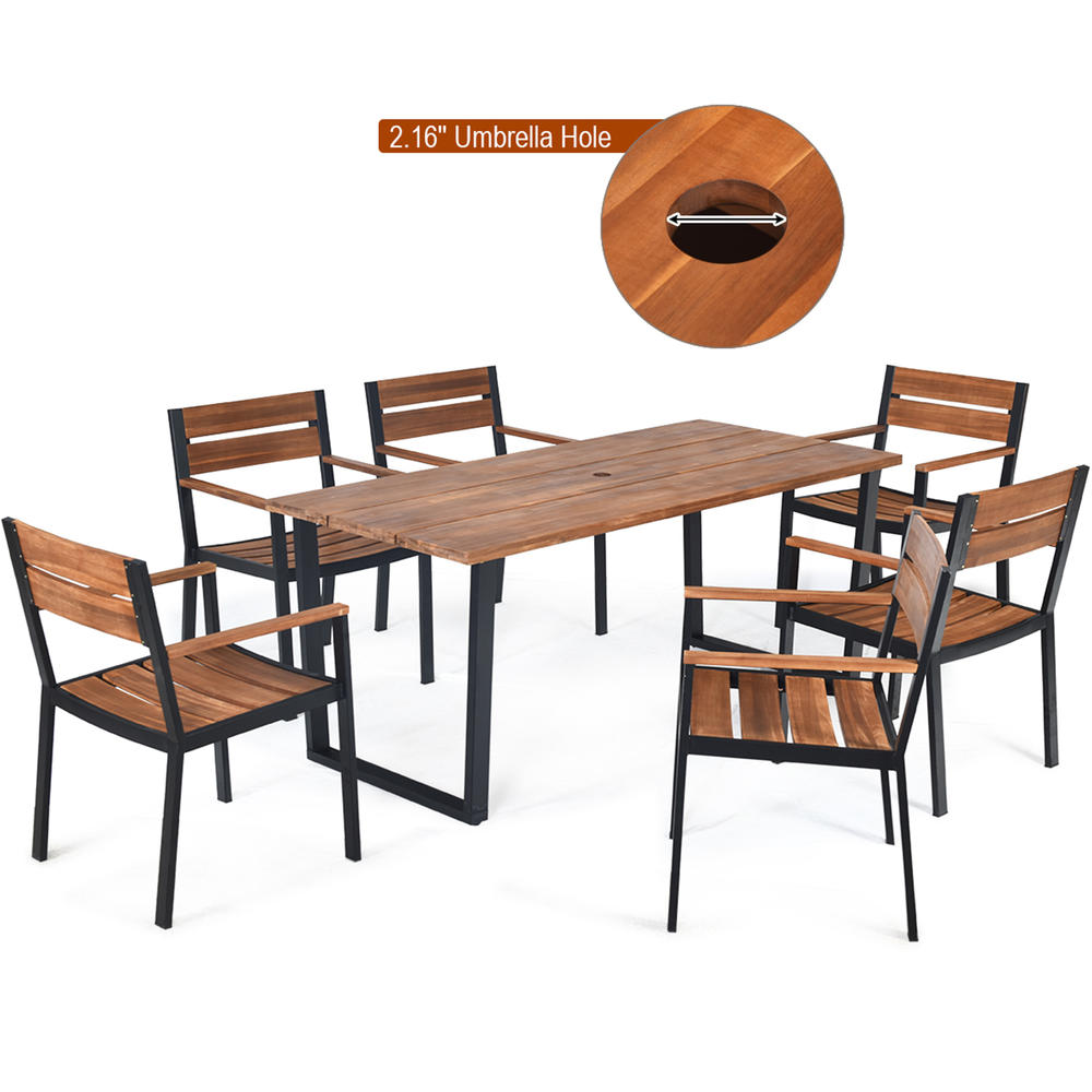 Costway 7PCS Patented Patio Dining Chair Table Set Acacia Wood Backyard W/Umbrella Hole