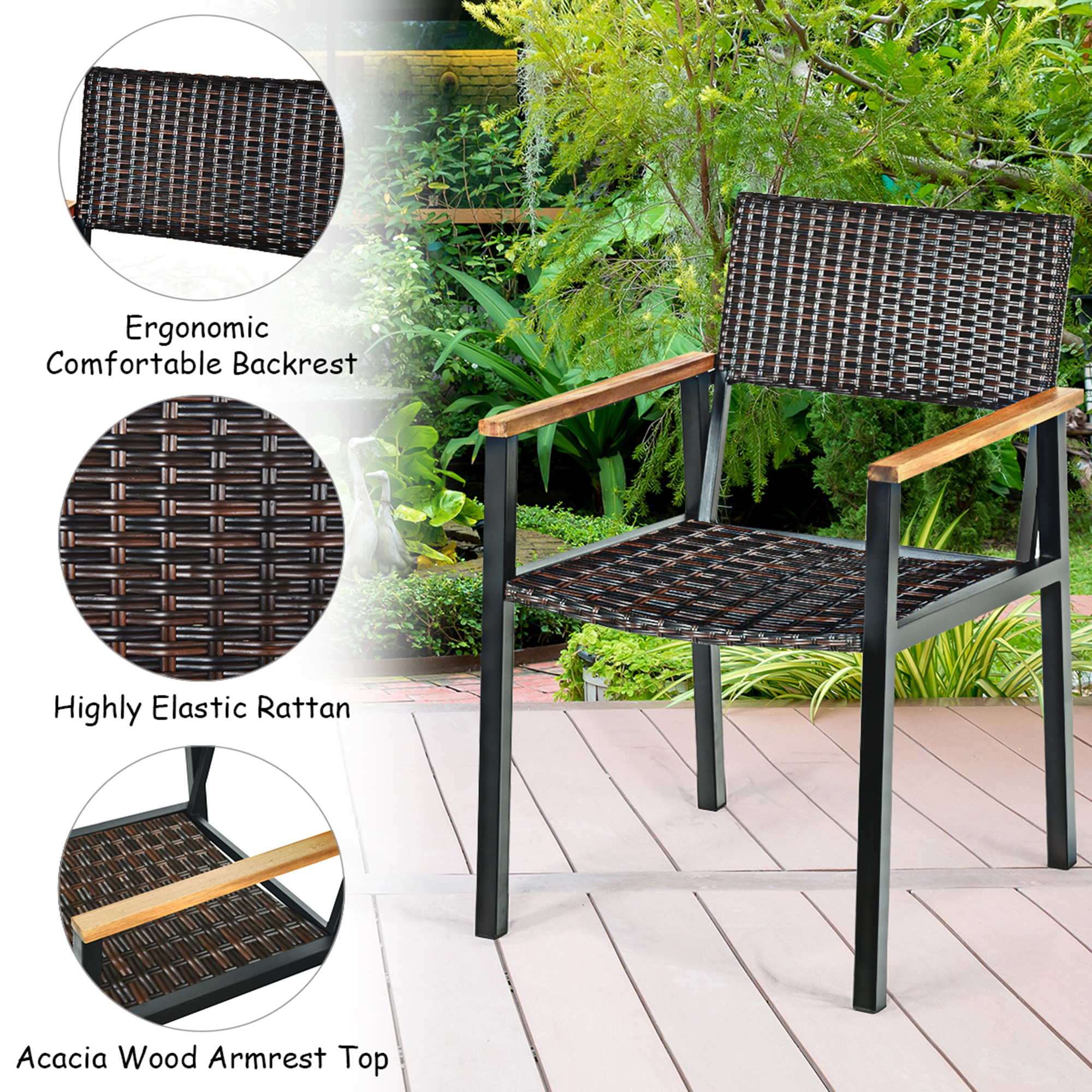 Costway 7PCS Patio Rattan Patented Dining Chair Table Set Solid Wood Frame Umbrella Hole