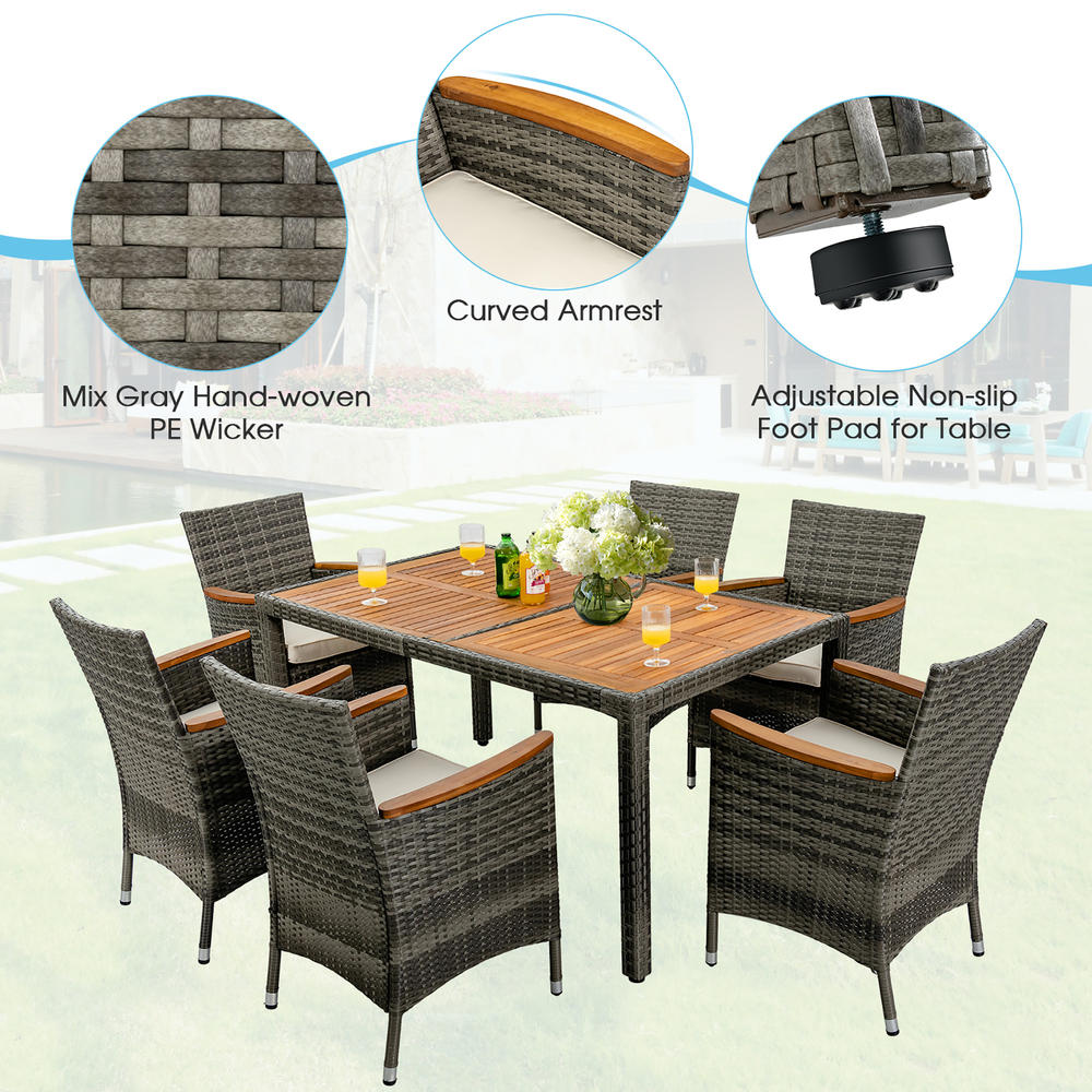 Costway 7PCS Patio Rattan Dining Set Acacia Wood Table Cushioned Chair Mix Gray