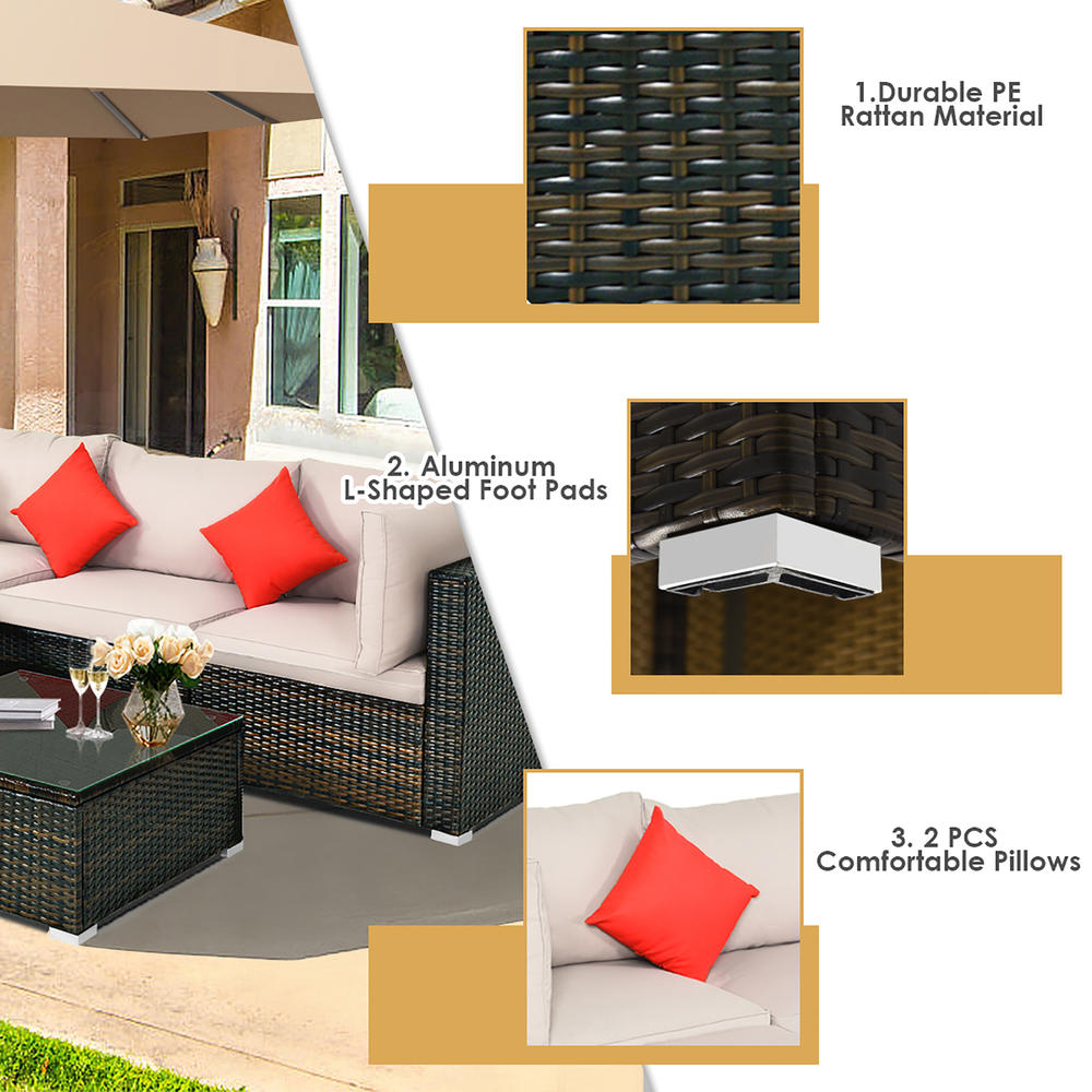 Costway 5PCS Outdoor Patio Rattan Furniture Set Sectional Conversation W/Beige Cushion