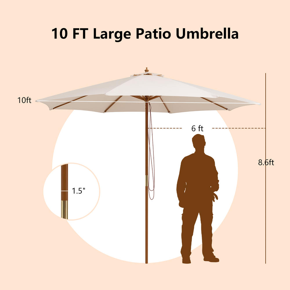 Costway 10FT Patio Wooden Market Table Umbrella Pulley w/8 Bamboo Ribs Sunshade Canopy