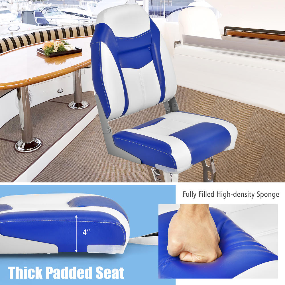 Costway High Back Folding Boat Seats w/ Blue White Sponge Cushion & Flexible Hinges