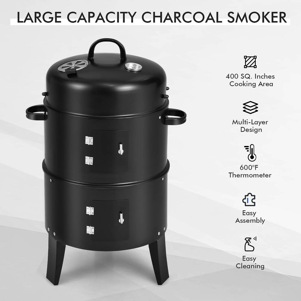Costway3-in-1 Vertical Charcoal Smoker  Portable BBQ Smoker Grill with Detachable 2 Layer