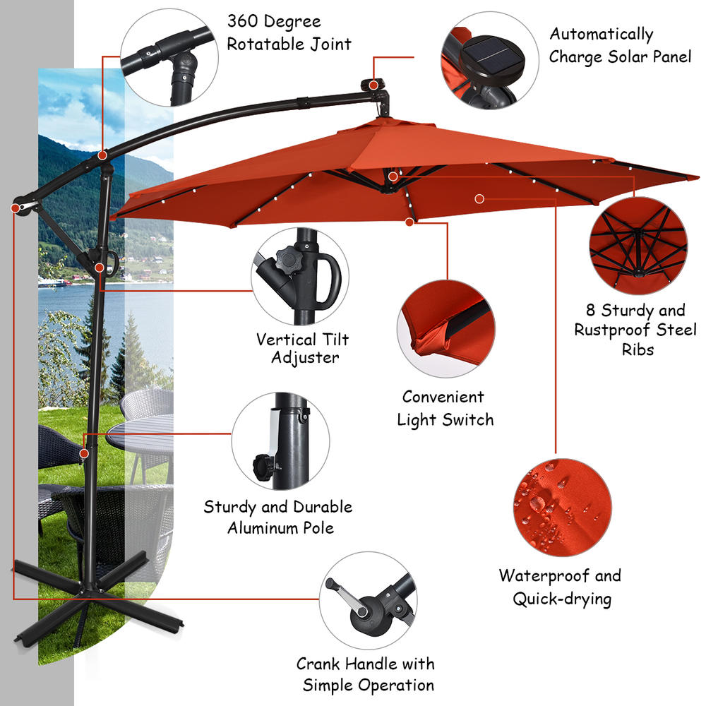 Costway 10FT Patio Offset Umbrella Solar LED 360degrees Rotation Orange