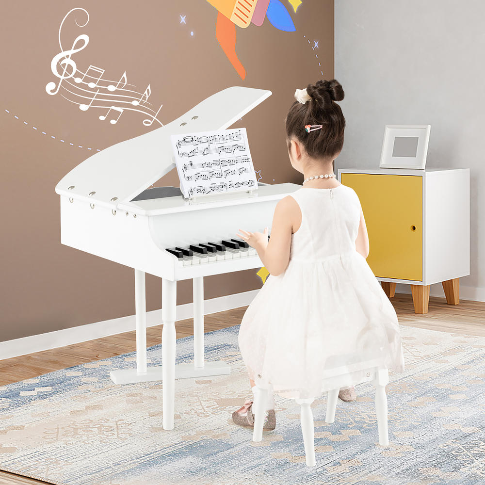 Costway 30 Key Classical Kids Piano Wooden Musical Instrument Toy w/ Stand & Stool White