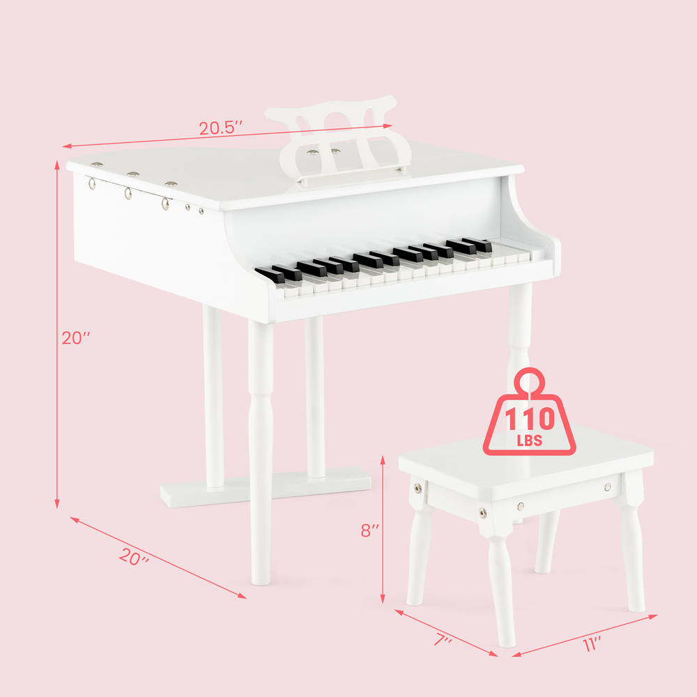 Costway 30 Key Classical Kids Piano Wooden Musical Instrument Toy w/ Stand & Stool White