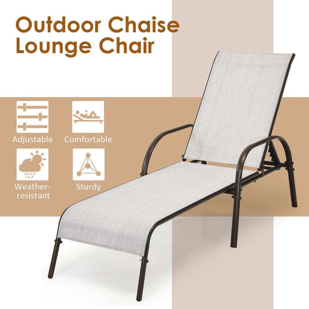 Costway Outdoor Patio Lounge Chair Chaise Fabric Adjustable Reclining Armrest Pool Grey