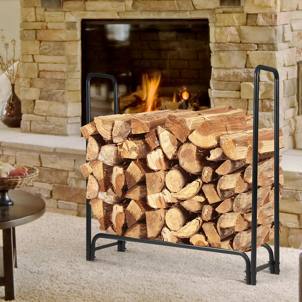Costway 4 Feet Outdoor Steel Firewood Storage Rack Wood Storage Holder for Fireplace Black