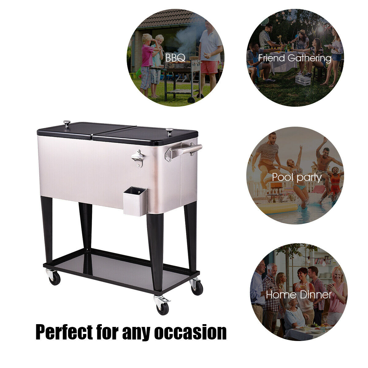 Costway Patio Cooler Rolling Outdoor Stainless Steel Ice Beverage Chest Pool 80 Quart