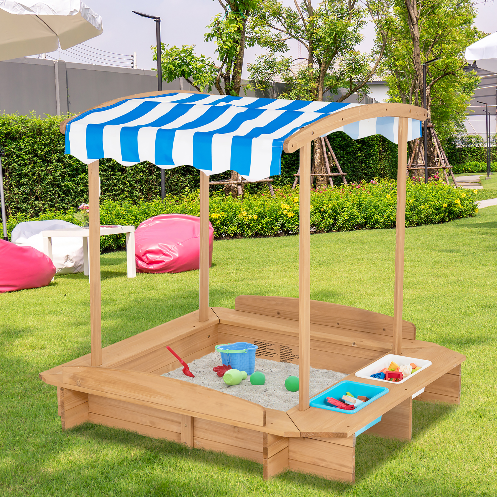Costway Kids Large Wooden Sandbox w/ 2 Bench Seats Outdoor Play Station for Children