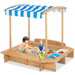 Costway Kids Large Wooden Sandbox w/ 2 Bench Seats Outdoor Play Station for Children