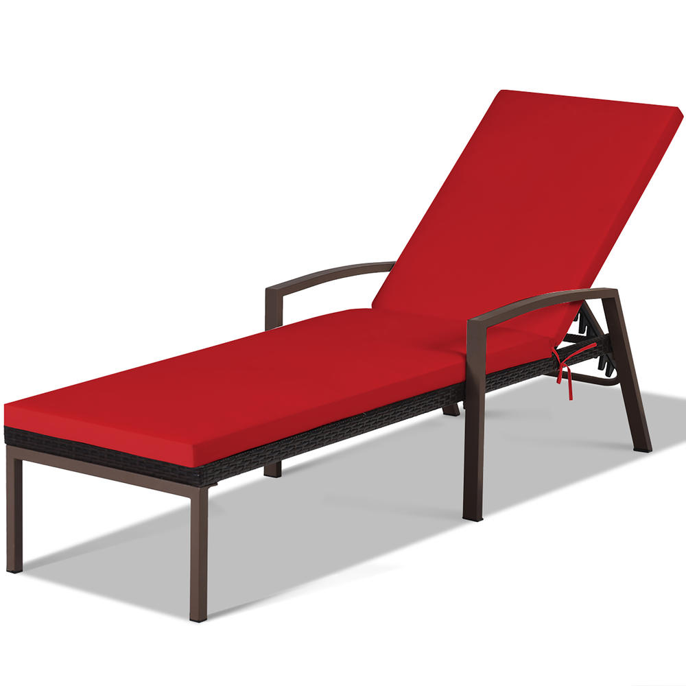 Costway Patio Rattan Lounge Chair Chaise Recliner Back Adjustable Cushioned Outdoor Red