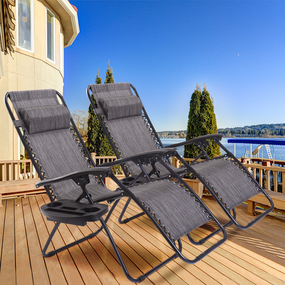 Costway 2PC Folding Zero Gravity Reclining Lounge Chairs Beach Patio W/Utility Tray