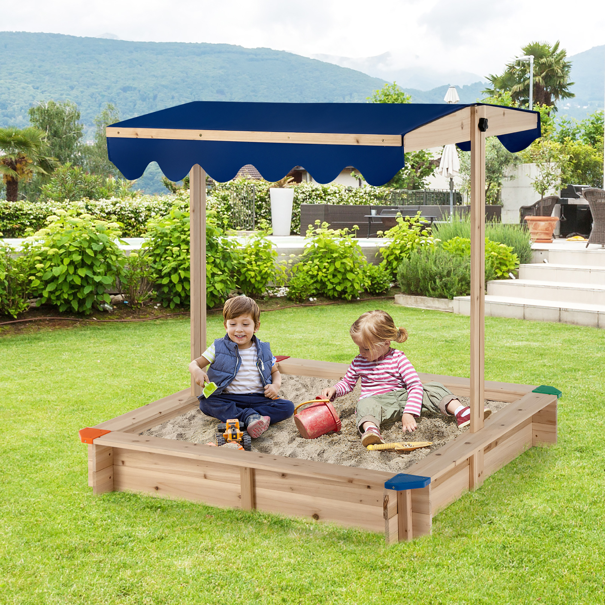 Costway Kids Wooden Sandbox with Height Adjustable & Rotatable Canopy Outdoor Playset