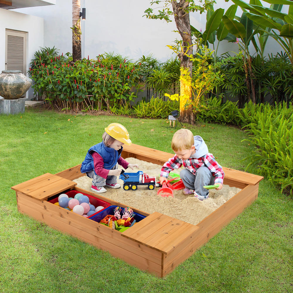 Costway Kids Wooden Sandbox w/ Bench Seats & Storage Boxes  Children Outdoor Playset