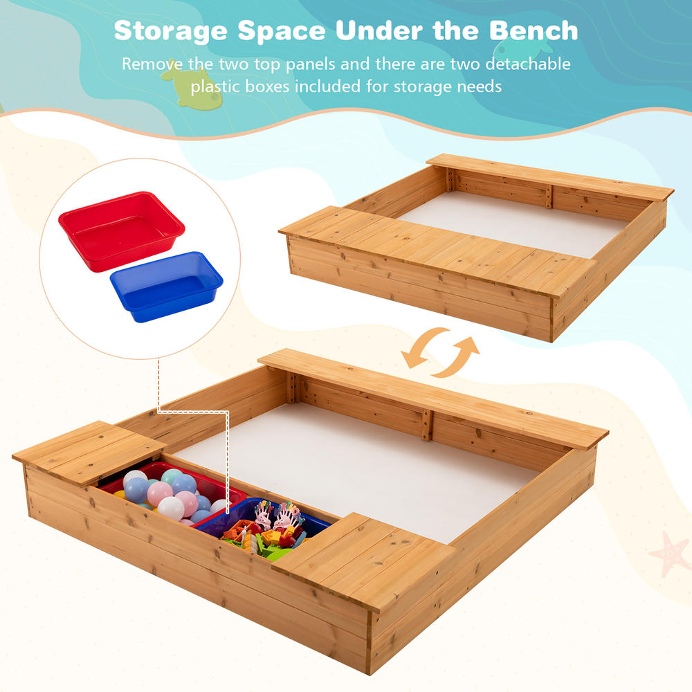 Costway Kids Wooden Sandbox w/ Bench Seats & Storage Boxes  Children Outdoor Playset