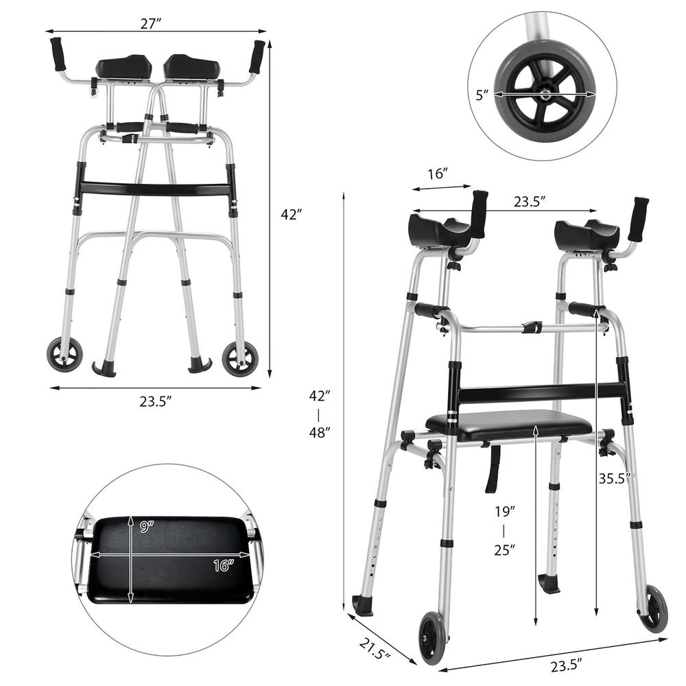 Costway Foldable Aluminum Alloy Walker Wheel Walking Frame with Seat & Armrest Pad
