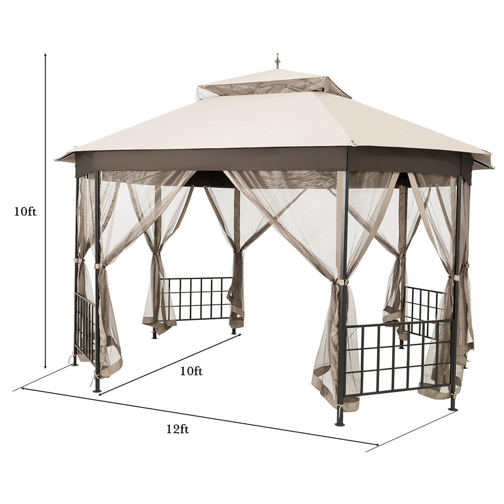Costway 10'x12' Patio Gazebo Canopy Shelter Double Top Netting Sidewalls Beige