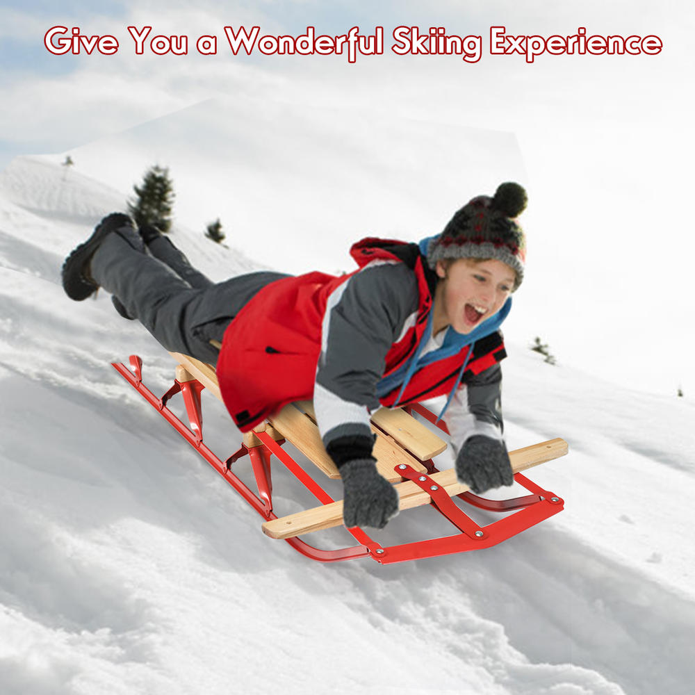 Costway 54''Kids Wooden Snow Sled Runners Steering Bar Steering Snow Slider