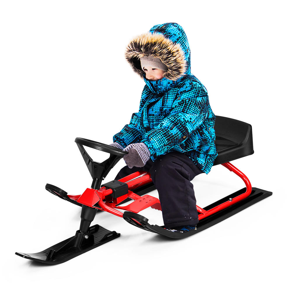 Costway Kids Snow Racer Sled Steering Wheel Double Brakes Pull Rope Red