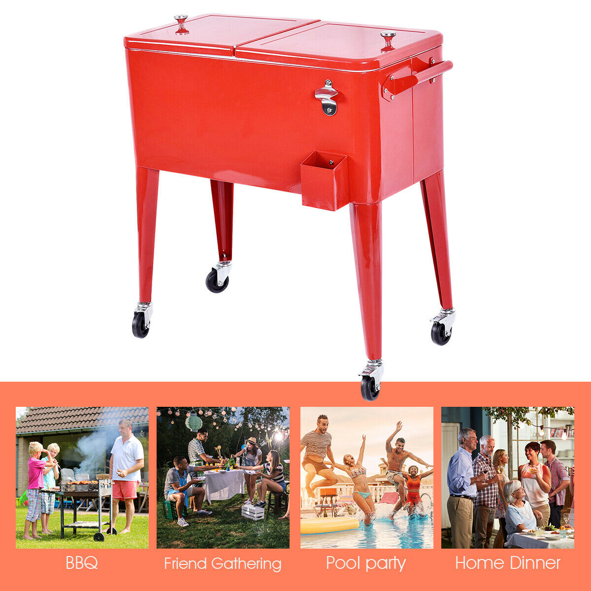Costway Red Outdoor Patio 80 Quart Cooler Cart Ice Beer Beverage Chest Party Portable